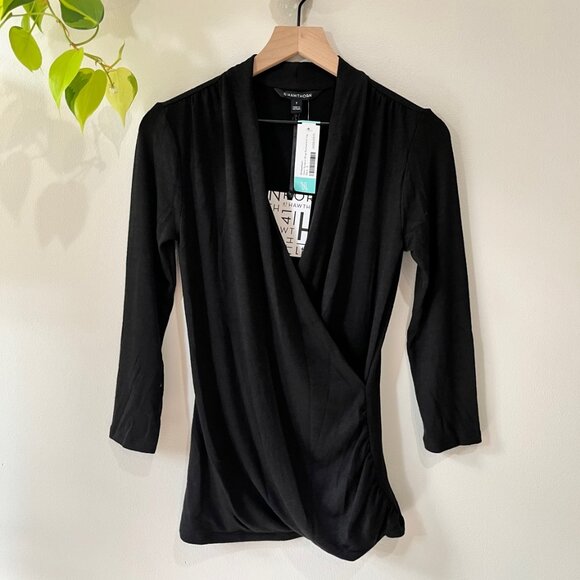 41 Hawthorn Stitch Fix Henri Surplice Wrap Ruched Knit Top Black Small NWT - Picture 1 of 7